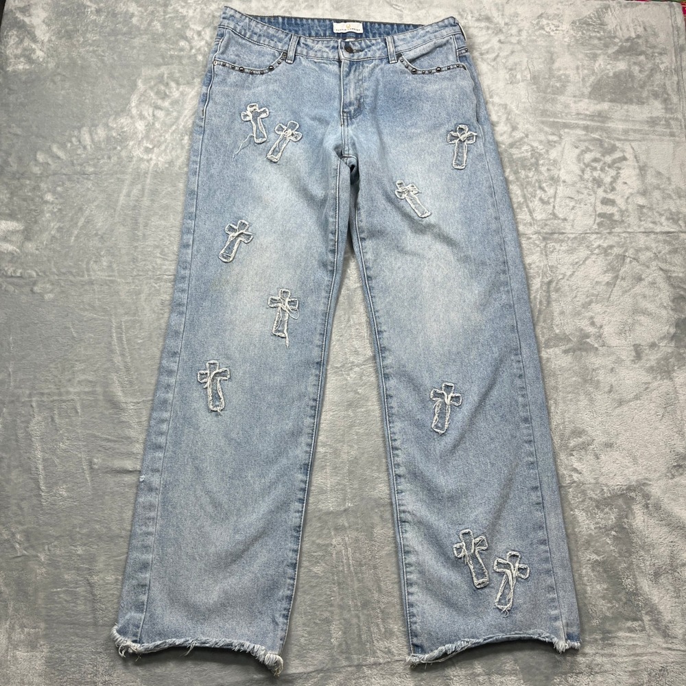 Austin Landing Cross Patch Wide Leg Jeans Womens Light Blue Studded Raw Hem 11